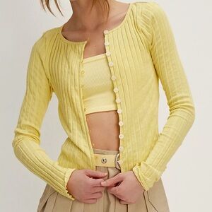 Free People Yellow Ribbed Button Cardigan